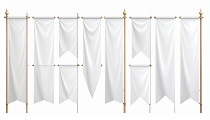 White vertical banners of varying lengths and shapes hanging from golden poles with ornate finials, symmetrically arranged against abstract warm-toned background, evoking elegance and ceremony.