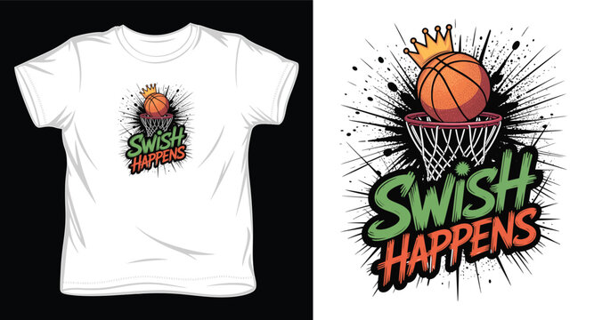 Street art basketball t-shirt design with swish happens text and crowned ball entering net