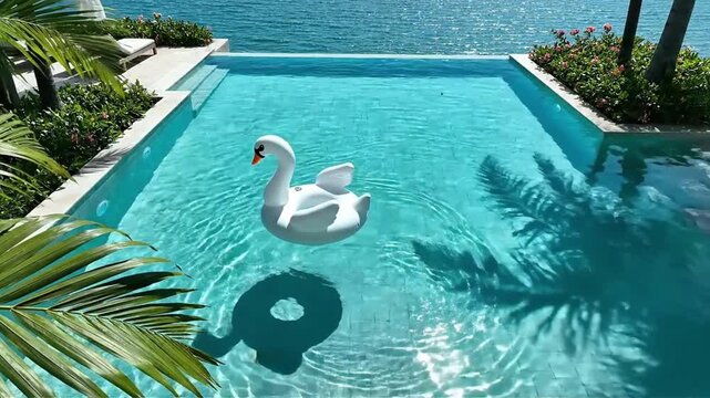 Luxurious infinity pool overlooking turquoise ocean with a whimsical swan float a perfect scene for summer vacation relaxation and upscale lifestyle imagery