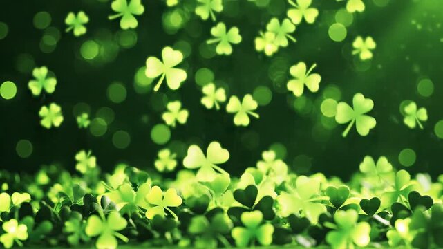 St Patricks Day Celebration with Falling Green Shamrocks and Bokeh.