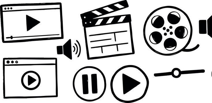 Hand drawn line art media icon set close up play pause buttons film reel clapper board video window volume slider black