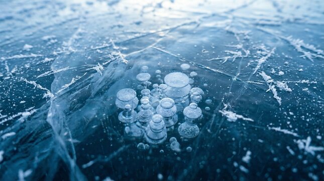 Macro Photography of Trapped Methane Air Bubbles Under Crystal Clear Blue Lake Ice