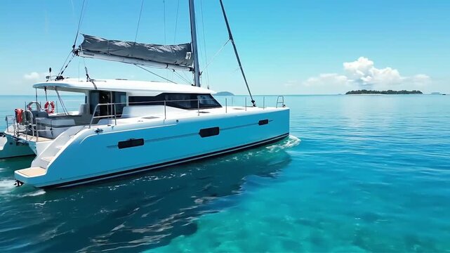 Luxury catamaran sailing on turquoise waters under a bright blue sky evoking feelings of freedom adventure and upscale travel experiences for marketing campaigns