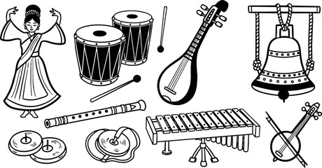 Obraz premium Black and white line art traditional asian musical instruments with dancer and cultural elements detailed illustration
