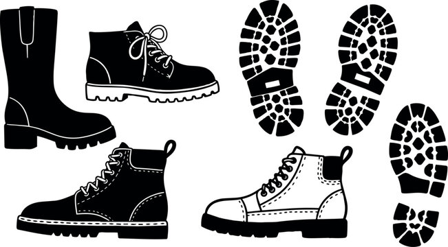 Flat design close up boot and sole silhouette icons showing varied ankle boots and tread patterns on white background minimal graphic