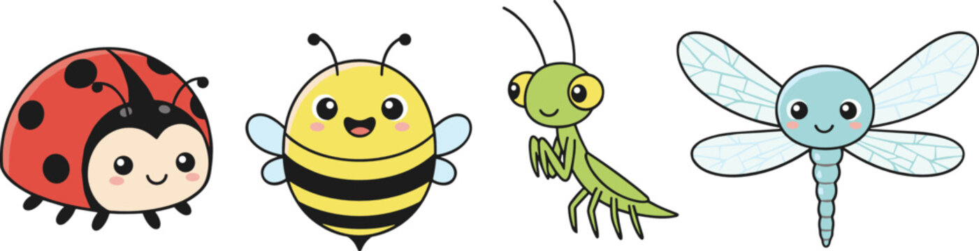 Hand drawn cute insect cartoon icons set with ladybug, bee, grasshopper, and dragonfly for kids nature designs