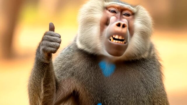 A baboon giving a thumbs-up in a natural setting, with blurred trees in the background