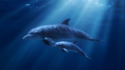 Fototapeta premium A graceful dolphin swims alongside its young calf in the deep blue ocean. This serene underwater scene captures the beauty of marine life and their natural habitat