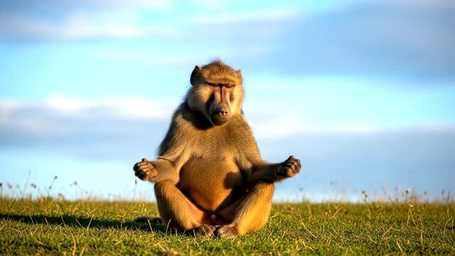A baboon sitting peacefully on a grassy hill under a clear blue sky during sunset