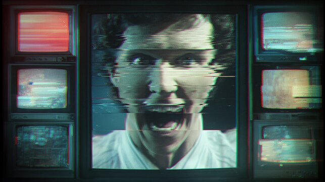 Glitching Infomercial Host with VHS Tearing and Uncanny Valley Effect
