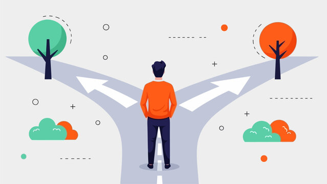 Man standing at crossroads with divergent paths and trees
