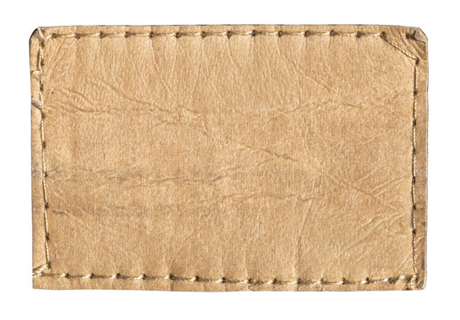 Blank brown leather tag with stitching and transparent background