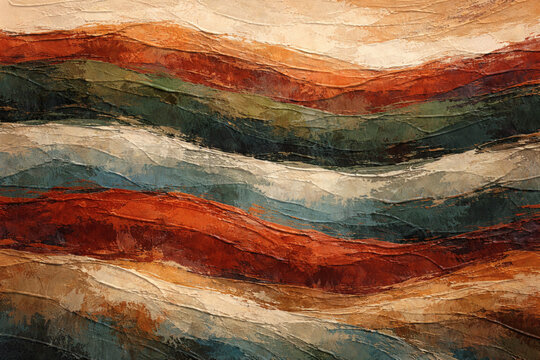 "Abstract Painting with Layered Wavy Bands in Red, Orange, Green, Blue, and Beige &ndash; PNG for Stylized Terrain, Color Rhythm, and Geological Abstraction Themes"