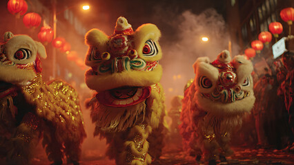Fototapeta premium Traditional Chinese Lion Dance Performers During Festival Celebration.