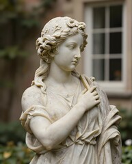 Elegant Marble Statue of a Woman in a Serene Garden Setting Capturing Timeless Beauty