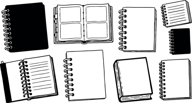 Black and white sketch collection of various open and closed spiral bound notebooks and sketchpads top view artistic stationary illustration
