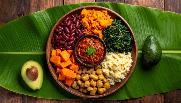 Vibrant Ital vegan Rastafarian platter on banana leaf