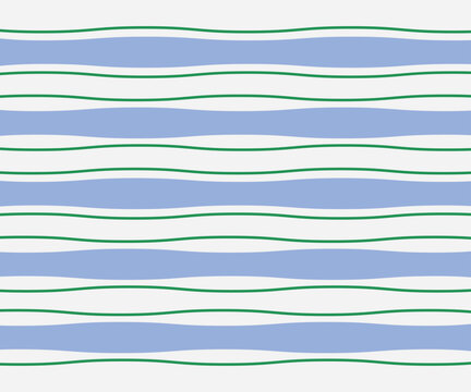 Abstract seamless pattern of vertical blue thick and green thin wavy stripes in a row on a light background, simple hand drawn vector illustration, drawing, flat style