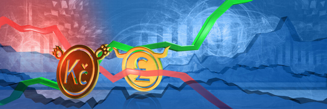currency exchange of british pound to czech koruna. bullish position of united kingdom. 3D illustration of financial chart for ftse 100 stock market. uk money as golden coins. world trade disruption