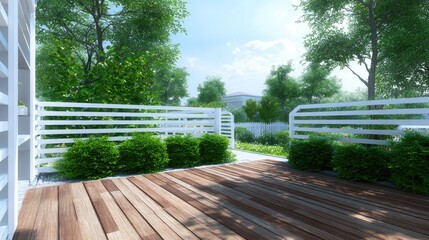 Wooden deck with white fences and greenery under a blue sky