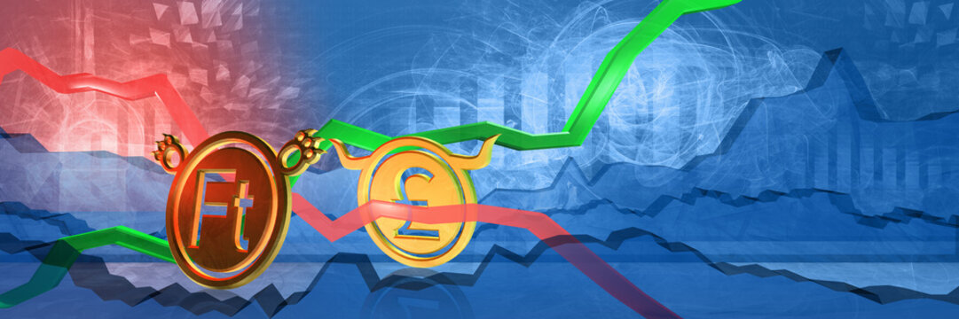 currency exchange of british pound to hungary forint. bullish position of united kingdom. 3D illustration of financial chart for ftse 100 stock market. uk money as golden coins. world trade disruption