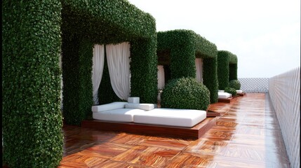 Outdoor lounge area with green walls and white curtains for relaxation