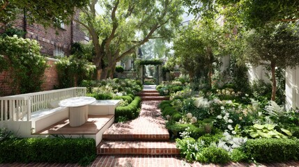 Tranquil garden scene with lush greenery pathways and seating areas