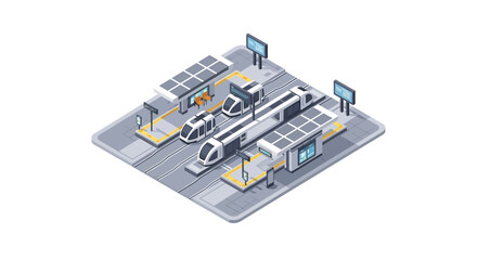 Fototapeta premium Isometric illustration of a futuristic factory floor with automated machinery and control panels.