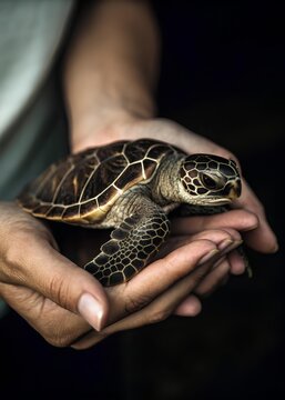 Close-up of human hands gently holding a small sea turtle with patterned shell and flippers, highlighting care, wildlife conservation, and marine biodiversity