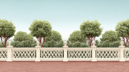 Decorative garden fence with trees against a clear sky background