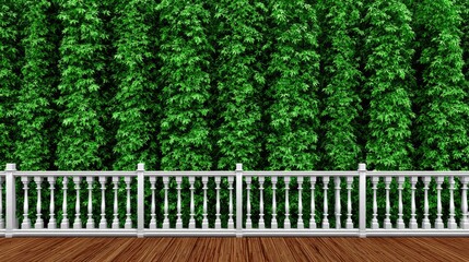 White balustrade with lush green foliage background vector illustration