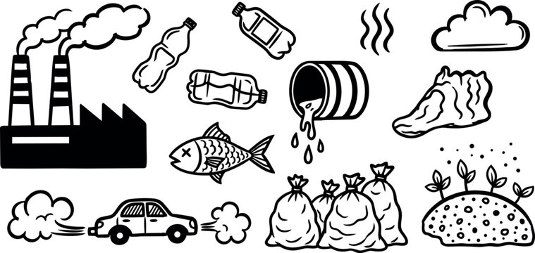 Black and white line art illustration of factory smoke, car exhaust, trash bags, and environmental pollution symbols