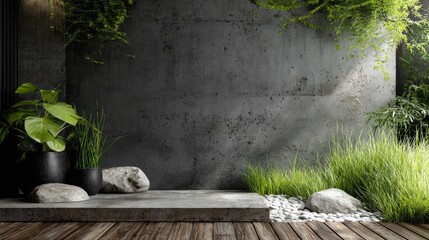 Modern minimalist interior with green plants concrete wall and wooden floor