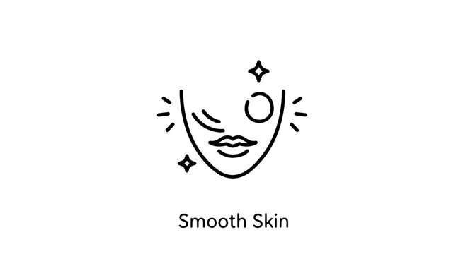 Minimalist line art icon representing smooth skin with sparkling highlights around a face, symbolizing beauty and skincare.