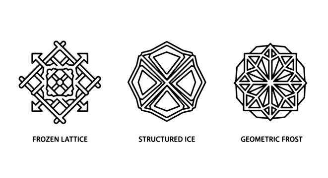 Intricate geometric snowflake and frost patterns in a line art style, including a lattice design, suggesting winter or abstract art.