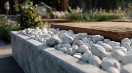 Close up of smooth white pebbles in a concrete planter box outdoors