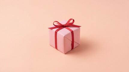 Obraz premium Small pink wrapped gift box tied with a vibrant red satin ribbon sits simply centered