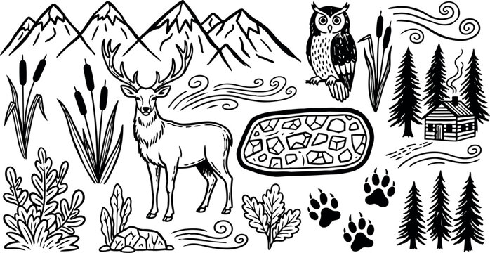 Black and white line art wilderness scene with elk owl cabin forest trees paw prints and mountain range illustration