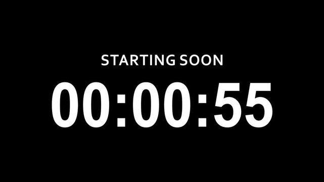Starting soon digital countdown clock timer in 1 minute to zero second. White text number on isolated black background. Element for overlay concept. 4K footage motion video.