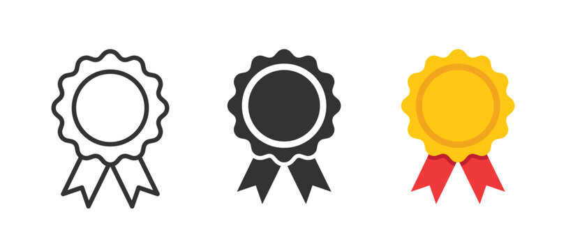 Medal icon set. Badge with ribbon icons. Approved or certified medal icons. Winning award, prize, medal or badge. Vector illustration
