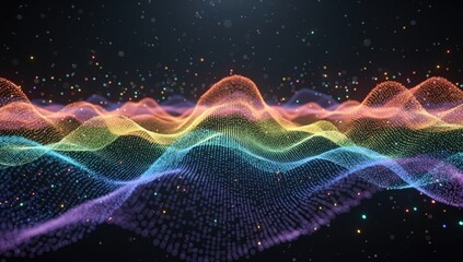 Obraz premium Abstract rainbow wave of particles flowing across a dark background with glowing dots
