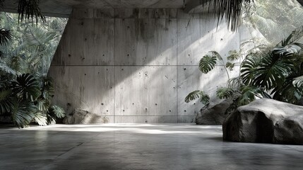 Modern concrete interior with natural light and tropical plants background