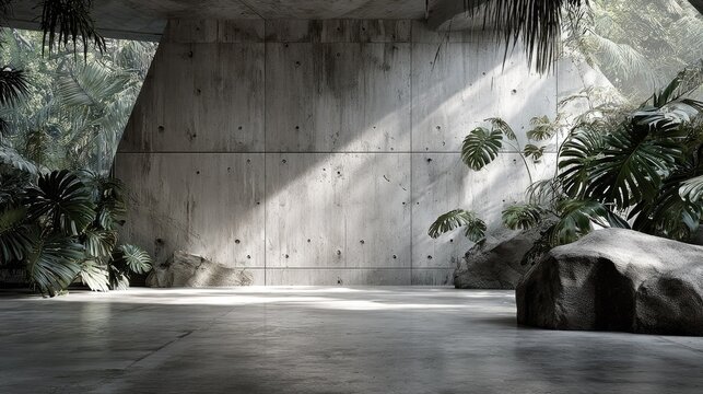 Modern concrete interior with natural light and tropical plants background
