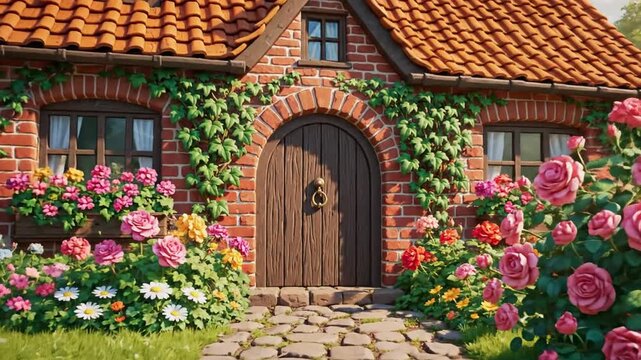 Cozy brick cottage with ivy-draped walls, arched wooden door, sunny garden of roses and tulips afar