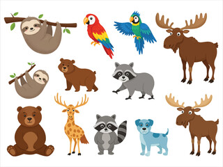Obraz premium Cartoon animals collection including sloths bears raccoons moose dogs giraffes and parrots