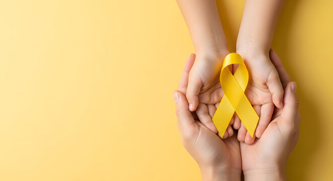 adult and child hands holding yellow gold ribbon, Sarcoma Awareness, Bone cancer, childhood cancer awareness, world suicide prevention day, September Yellow