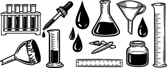 Black ink sketch laboratory equipment set with test tubes dropper beaker funnel and graduated cylinder scientific tools drawing