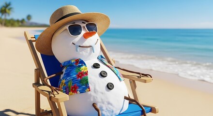 Fototapeta premium Animated snowman relaxes on a beach chair, wearing sunglasses and hat, by the ocean