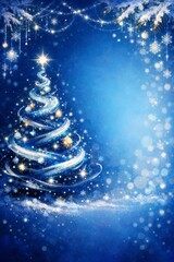 A radiant blue Christmas tree adorned with glowing lights, ornaments, and snowflakes shines in a magical winter scene, perfect for festive greeting cards, posters, and seasonal promotions.