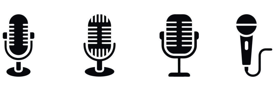 Microphone icon set, black vector icons, mic and voice recorder concept symbols, simple and modern microphone logo illustrations for audio, music, podcasting, recording, and communication design